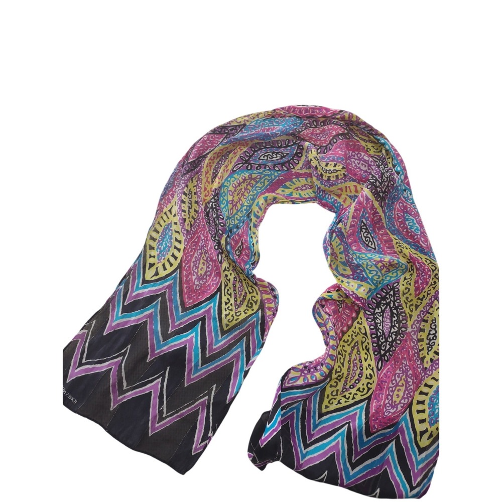 Jones New York 100% Silk Scarf Pink Yellow Paisley Metallic Shimmer Boho Luxury